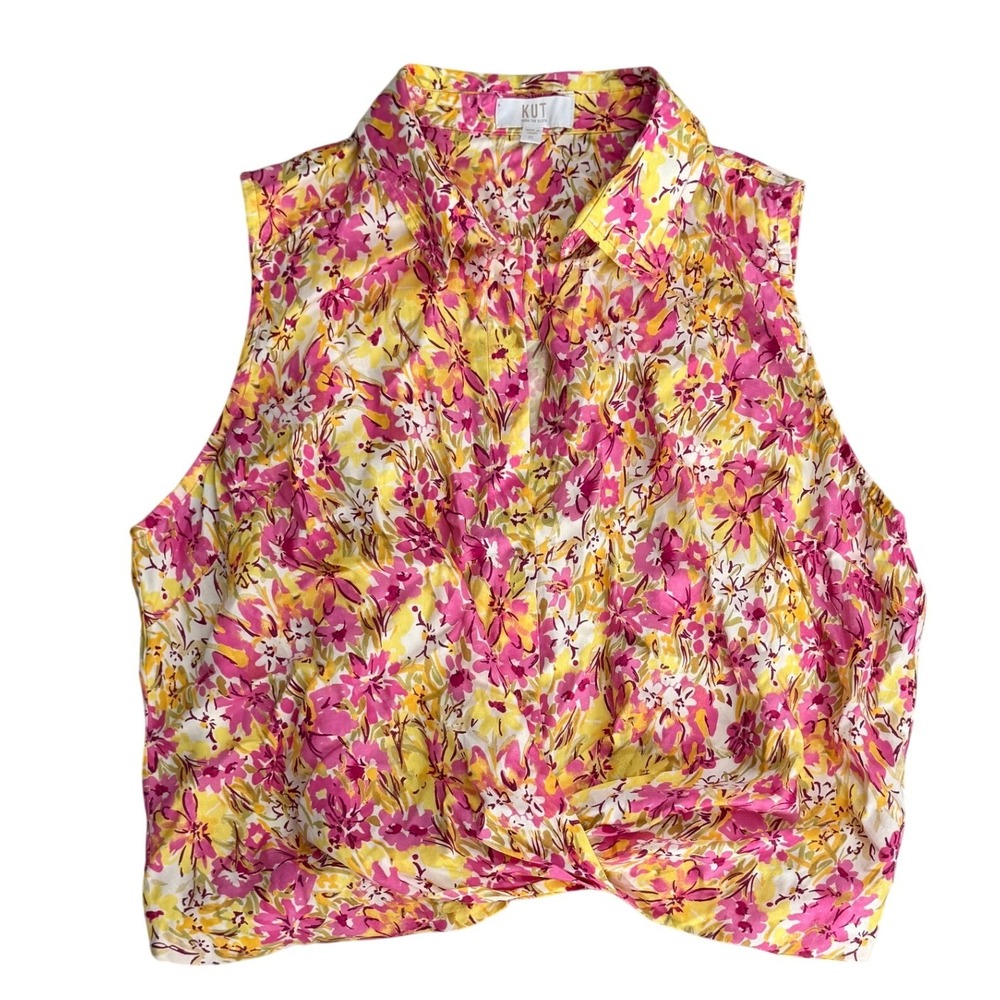 KUT from the Kloth Floral Sleeveless Twist Front Blouse Pink Yellow XL - Picture 2 of 8